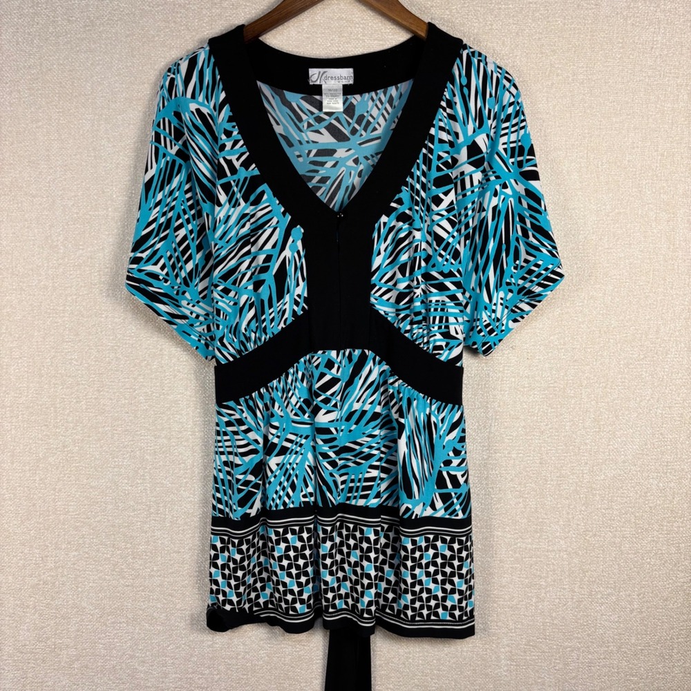 Dressbarn Woman Teal Black Abstract Empire Waist Tie Back Blouse Size 18/20